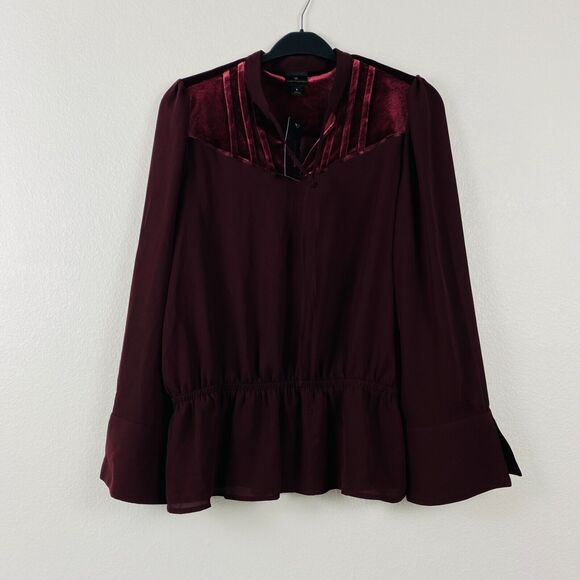 Worthington Blouse Tie Neck L Burgundy Velvet‎ Upper Bell Sleeves NWT - Picture 7 of 11